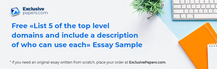 Free «List 5 of the top level domains and include a description of who can use each» Essay Sample